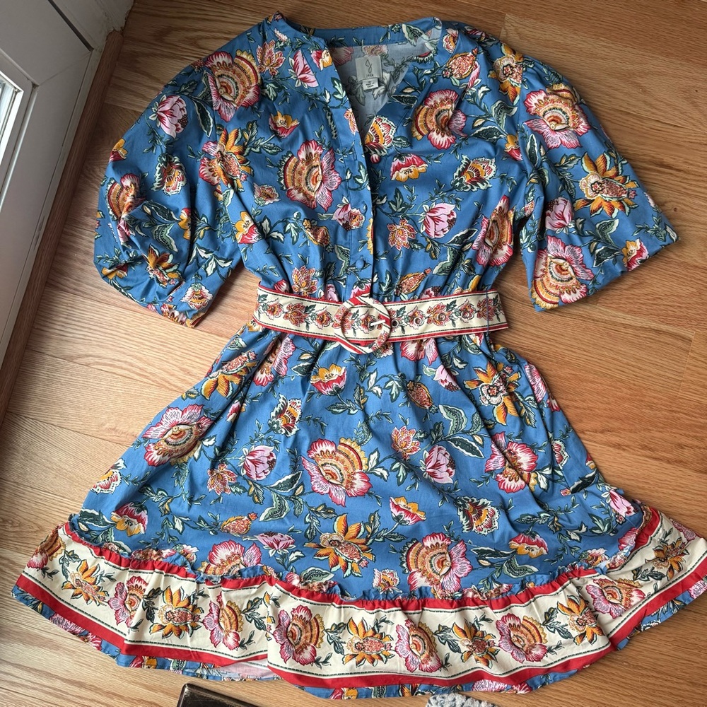 Joie Blue Floral Belted Cotton Dress Puff Sleeve Boho Cottagecore - Size 6